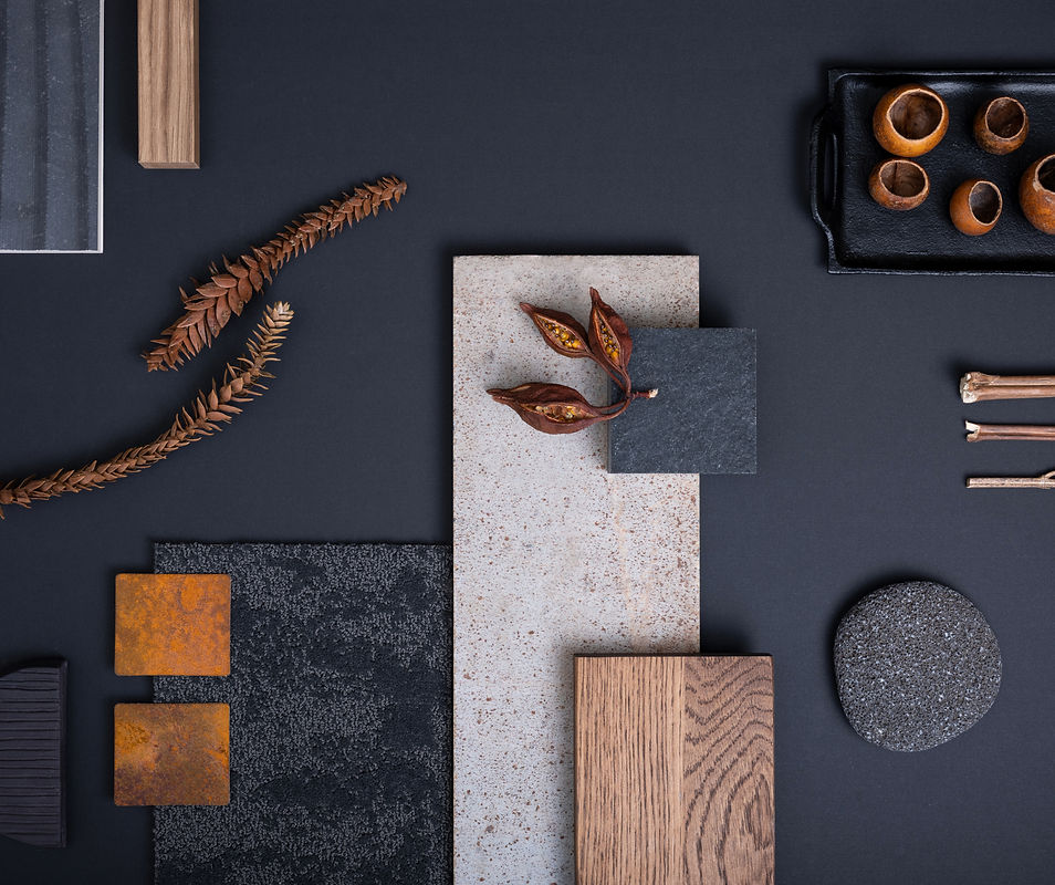 Aesthetic flat lay composition in grey and navy color palette with textile and paint samp