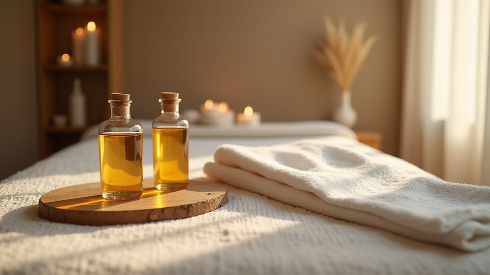 Close-up view of a massage table with aromatic oils and soft linens