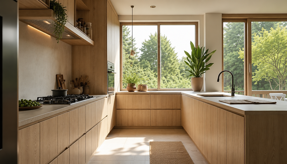 Cozinha minimalista com vista para o jardim