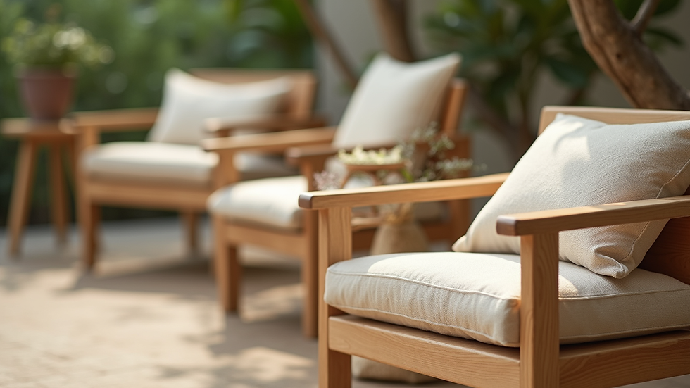 Close-up view of sustainable wooden furniture with natural fabric cushions