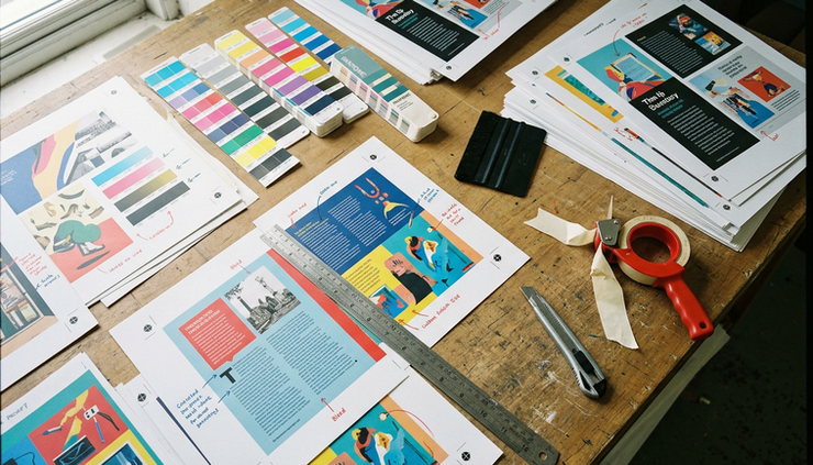 Top-down view of print tools beside corrected design proofs