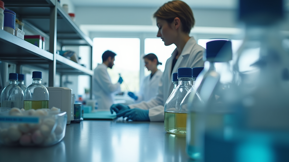 Eye-level view of a laboratory setting with researchers working on antibiotic formulations
