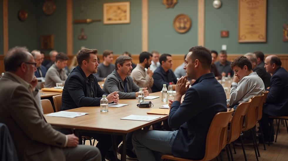 High angle view of a community meeting in progress