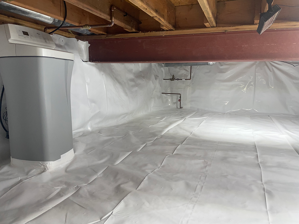 Finished crawl space with a white vapor barrier installed