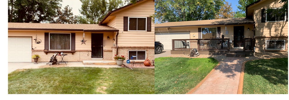 Before and after: front of the home with the new deck and paved walkway