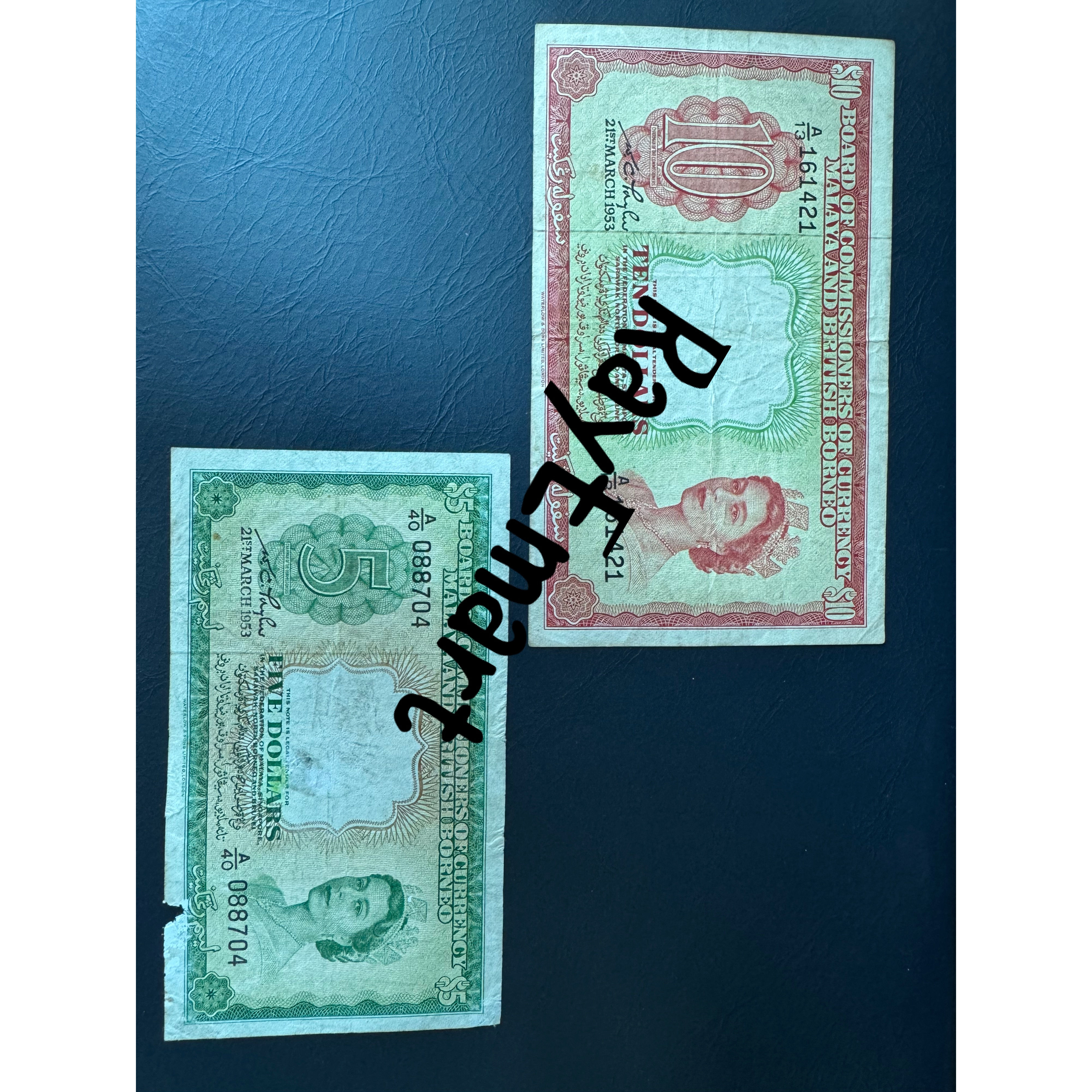 1953 Malaya 5 Dollars & Malaya 10 Dollars Queen Elizabeth Banknote