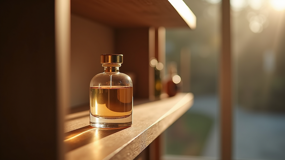 Eye-level view of a perfume bottle on a wooden shelf