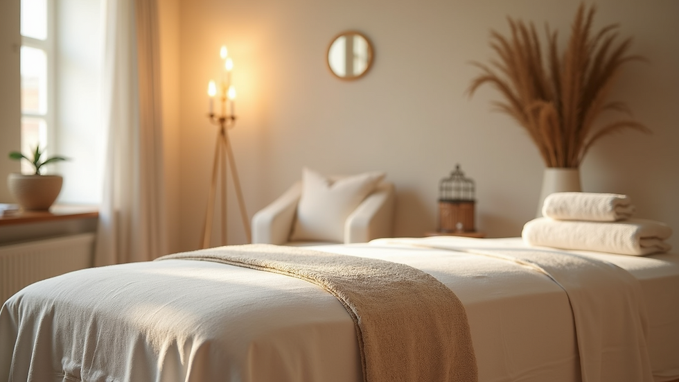 Eye-level view of a serene Reiki therapy room with calming decor