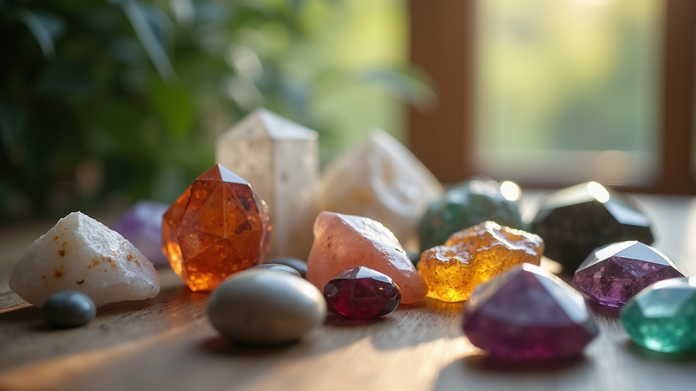 Eye-level view of a crystal healing setup with various gemstones