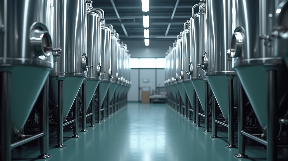 Eye-level view of a modern beverage production facility with stainless steel tanks