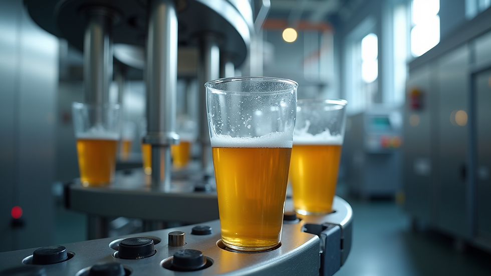 Eye-level view of a modern beverage production facility with automated machinery