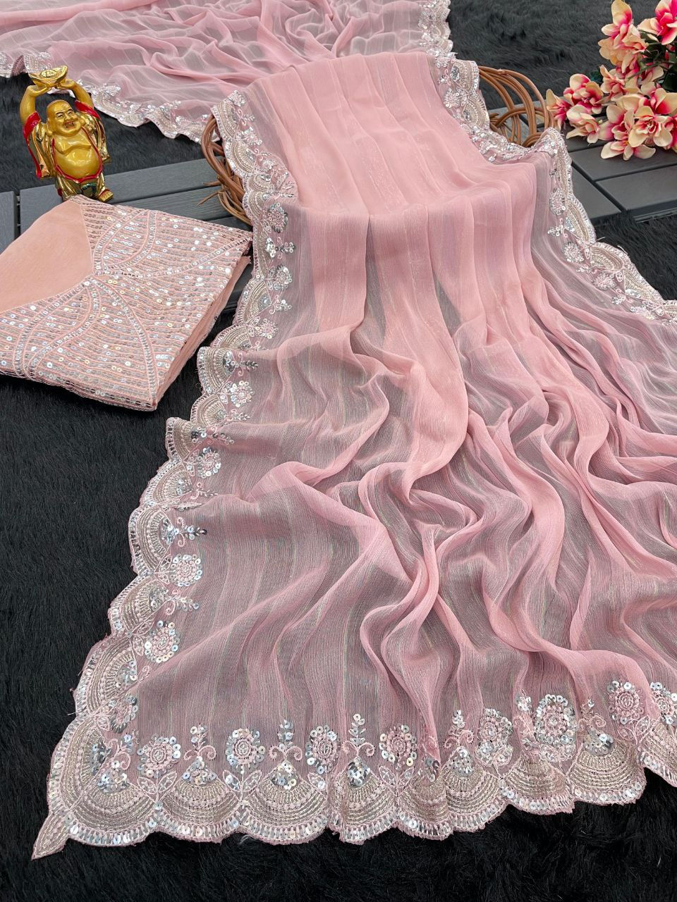 Thumbnail: Partywear Trendy soft Chiffon saree with Beautiful Embroidery work