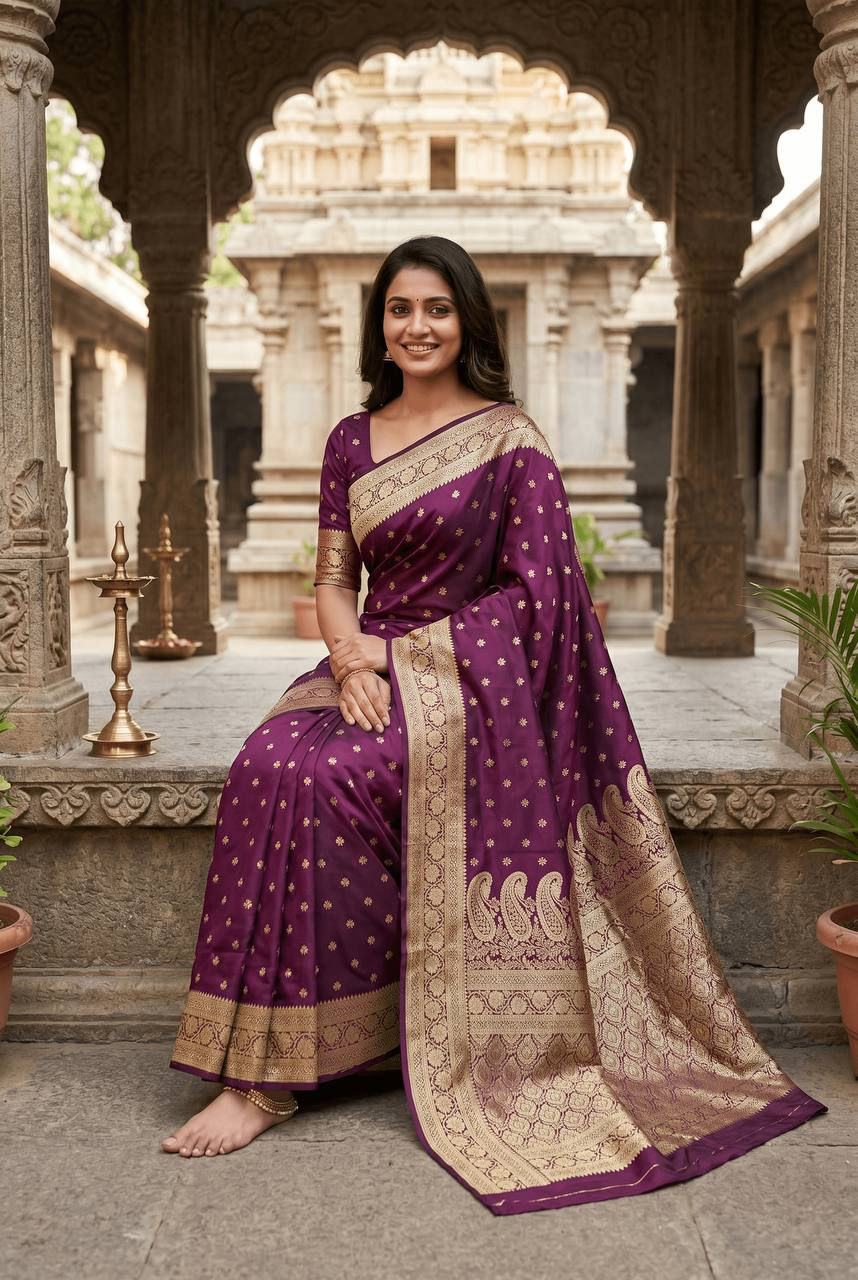 Thumbnail: Banarasi Soft Silk Saree with Golden Zari Buti Wedding Wear Saree