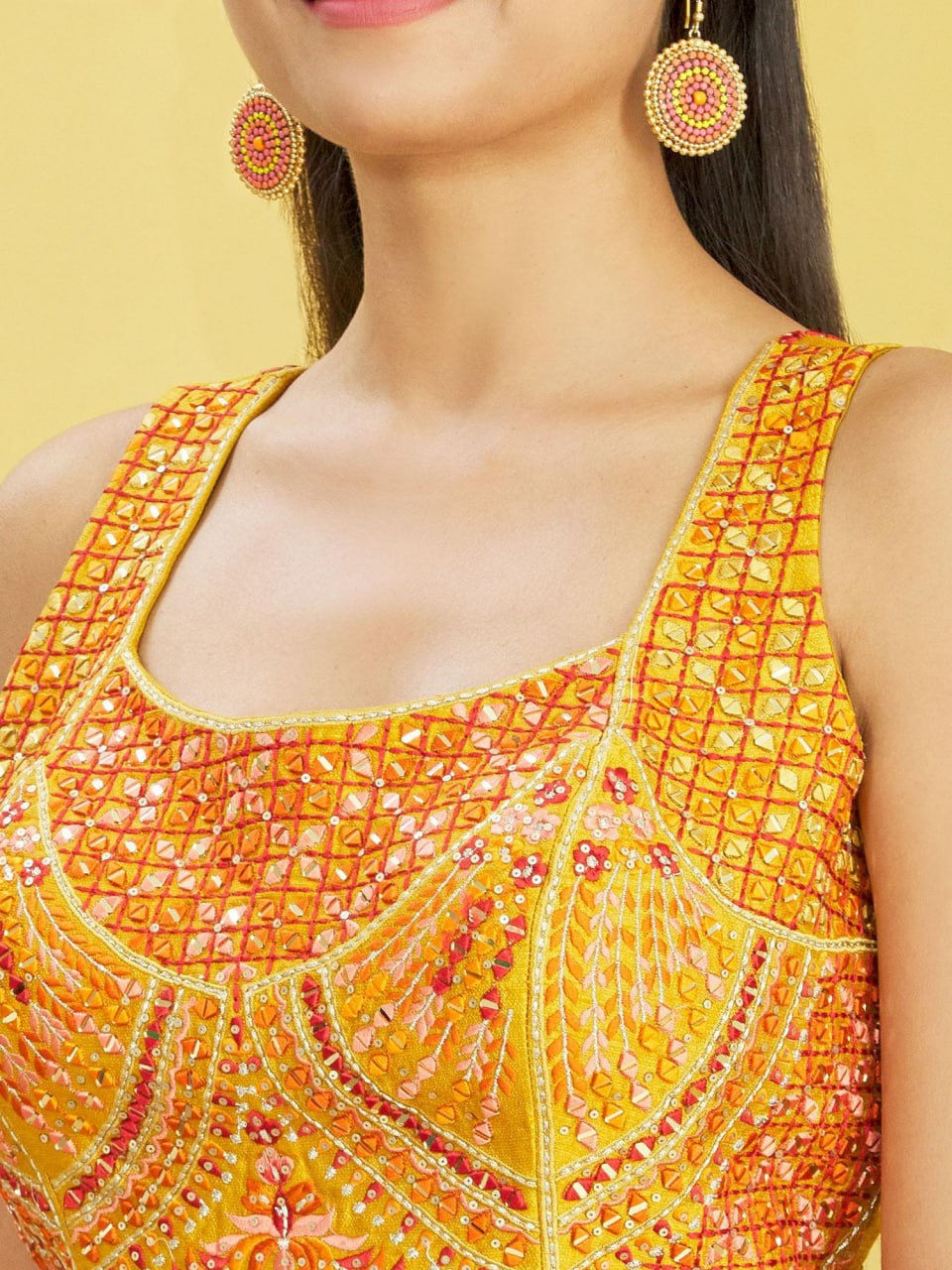 Thumbnail: Vibrant Yellow Chinnon Lehenga with Pink Orange Bandhani Print and Embroidered B