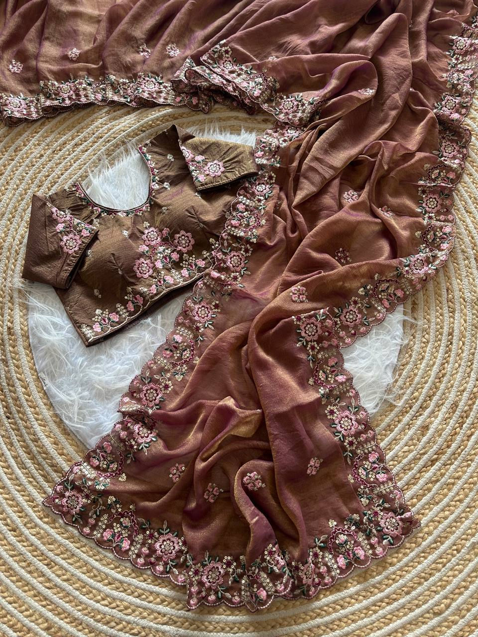 Thumbnail: Women Pure Soft Khadi Moss Silk Saree with Sequins Embroidery and Multi Border W