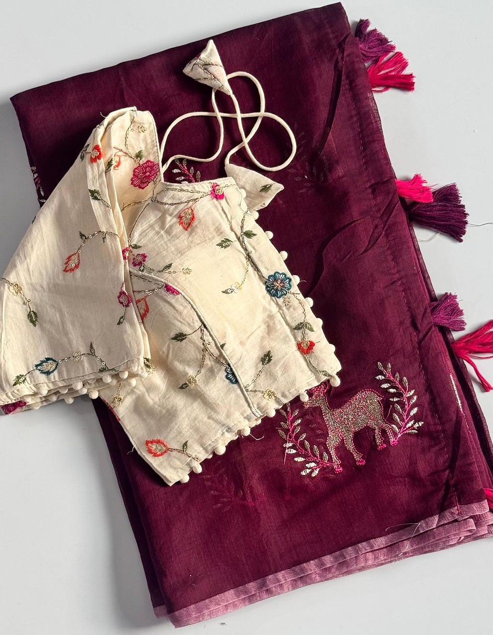 Thumbnail: Women Chanderi Silk Saree with Hiran Tree Design and Embroidered Khadi Blouse