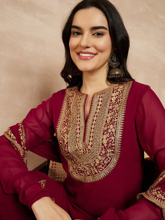 Thumbnail: Women Georgette Sharara Suit Set Embroidered Party Wear Outfit
