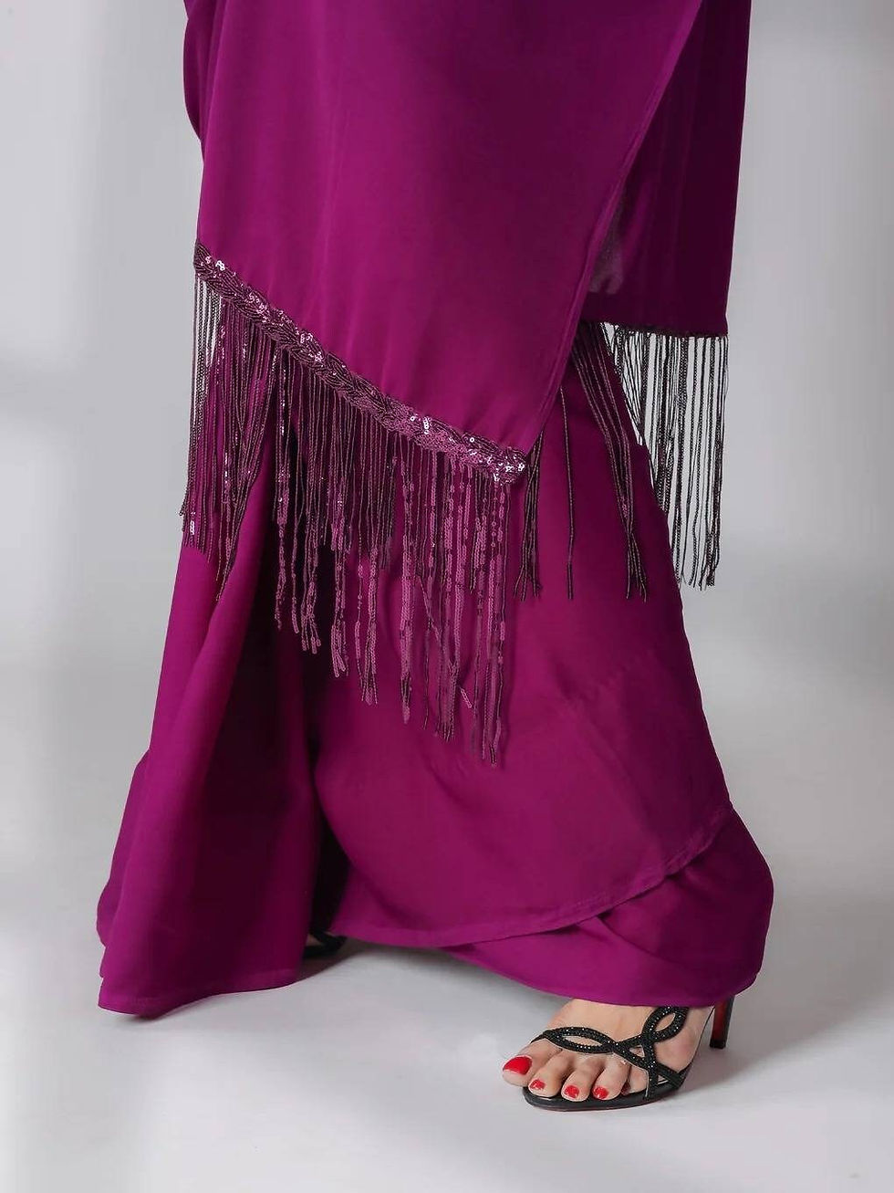 Thumbnail: Reception Party Wine color Satin Silk Plain Saree &amp; Sequence embroidery work