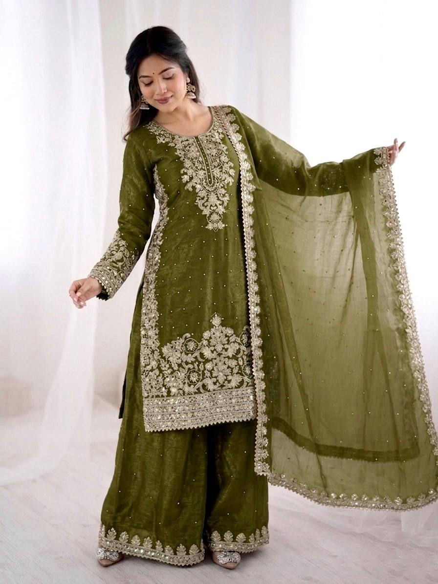 Thumbnail: GMY Silk Palazzo Suit Set Coding Sequence Embroidery Moti Work Full Sleeve Party
