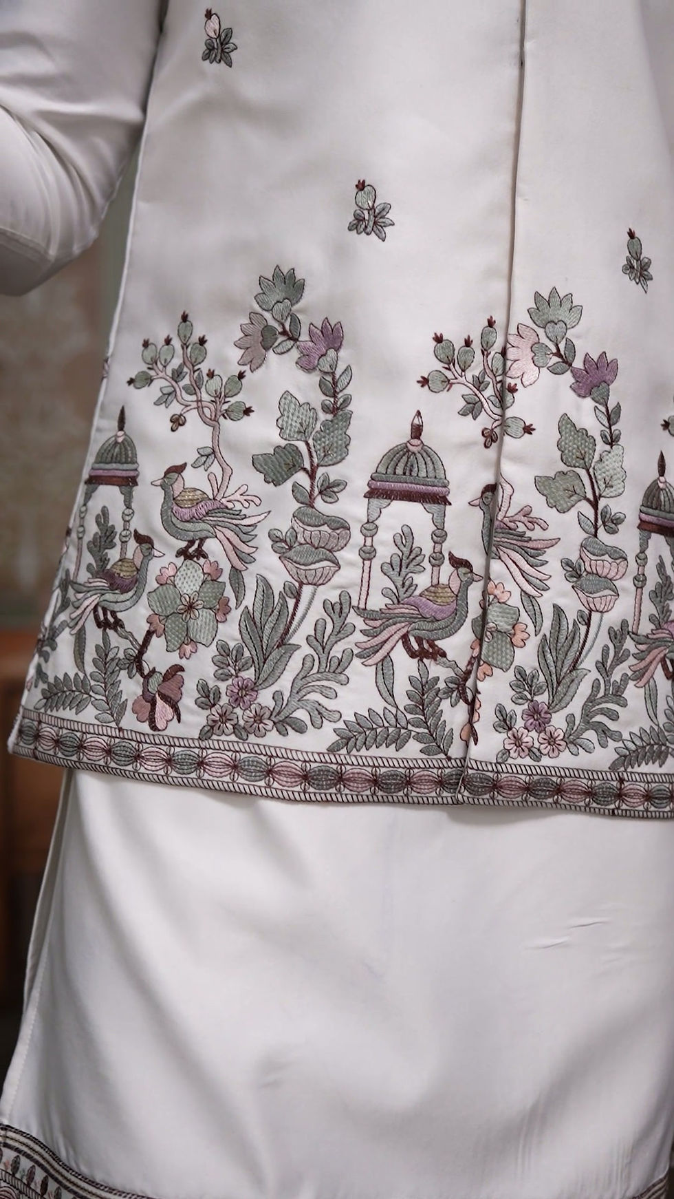 Thumbnail: Wedding Special Silk Koti Kurta with Bottom Set for Men  Sequence Embroidered W
