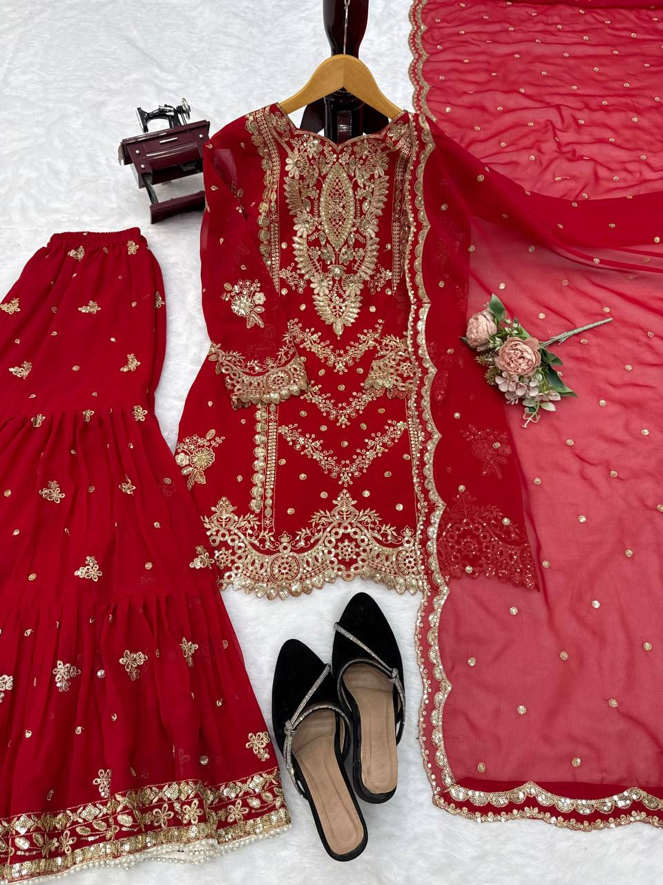 Thumbnail: Faux Georgette Sharara Suit Set for Women with Thread Sequins Work Party Festive