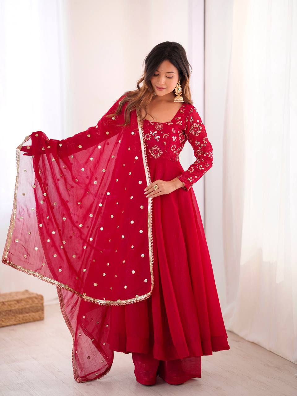 Thumbnail: Crunchy Silk Gown Pant Set Embroidery Lace Border Dupatta Festive Wedding Party