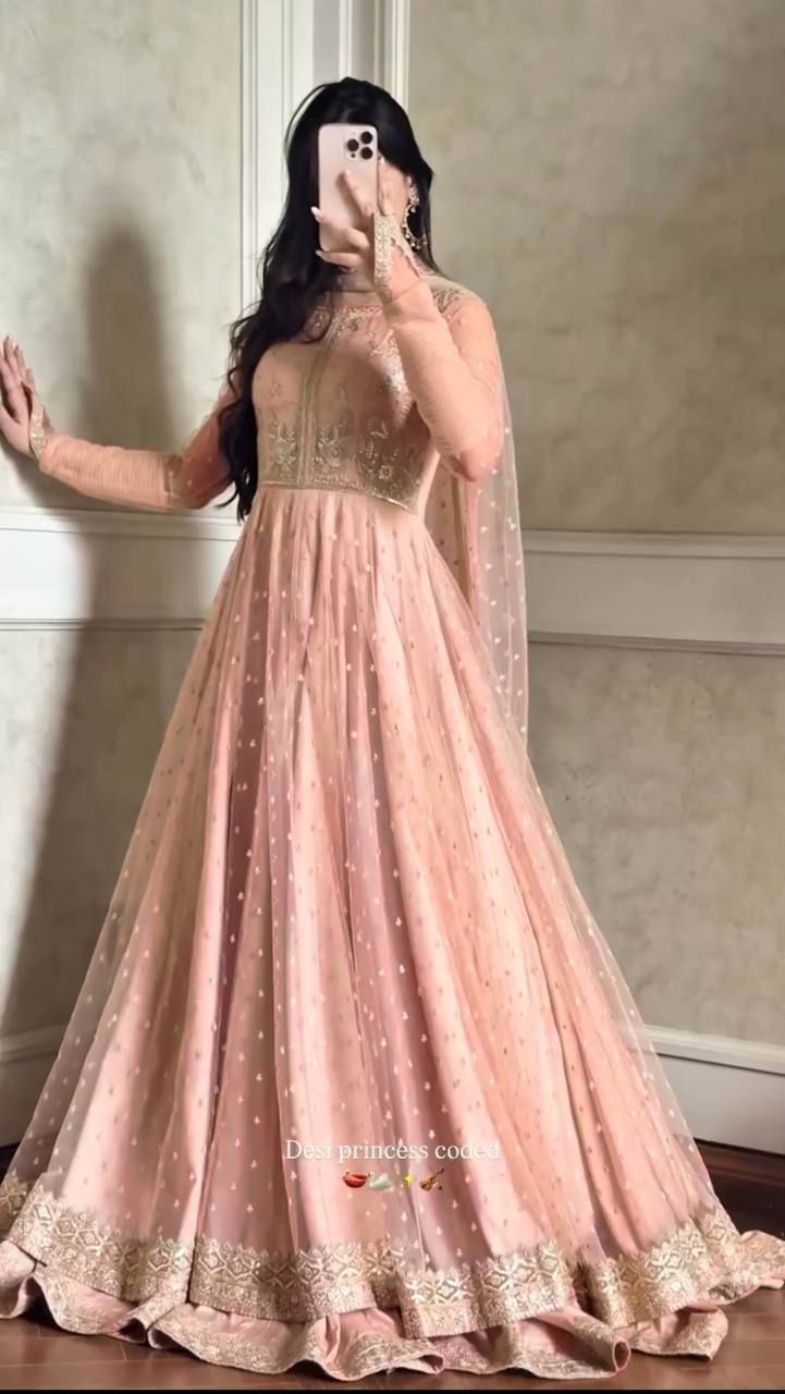 Thumbnail: Women's Faux Georgette Gown Lehenga Set with Butterfly Net Dupatta