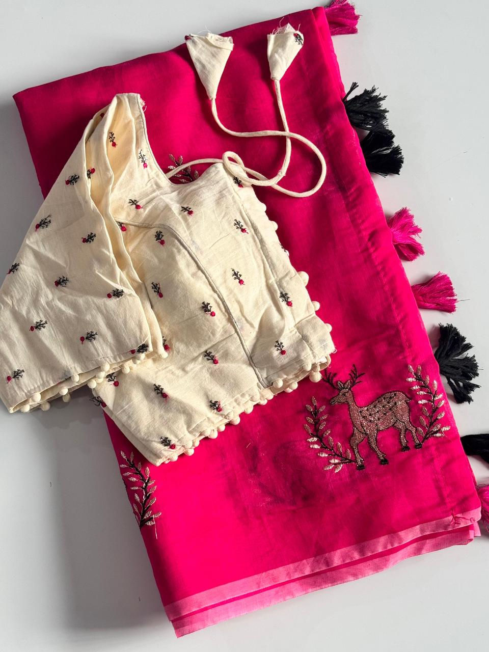 Thumbnail: Women Chanderi Silk Saree with Hiran Tree Design and Embroidered Khadi Blouse