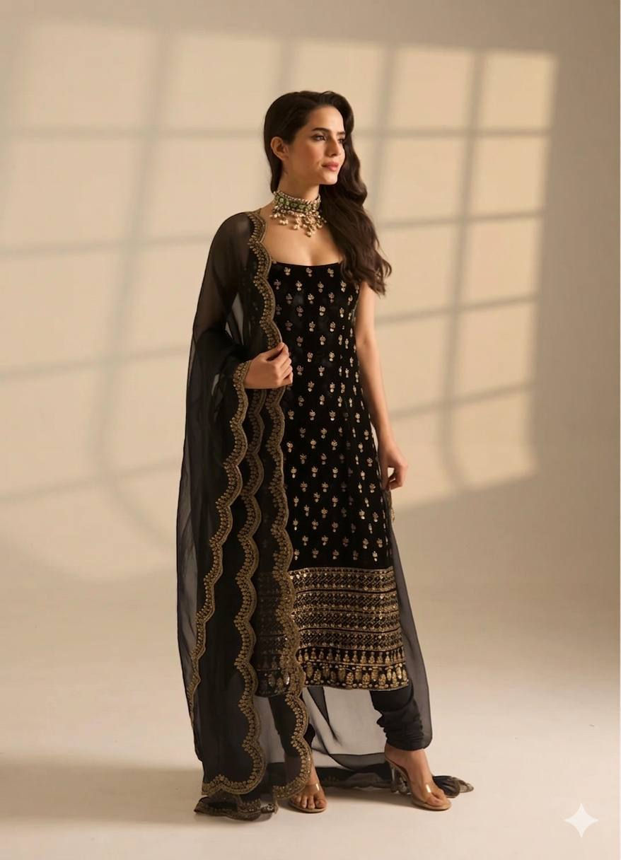 Thumbnail: Roman Satin Kurti Set with Zari Sequins Embroidery Churidar Pant Organza Dupatta