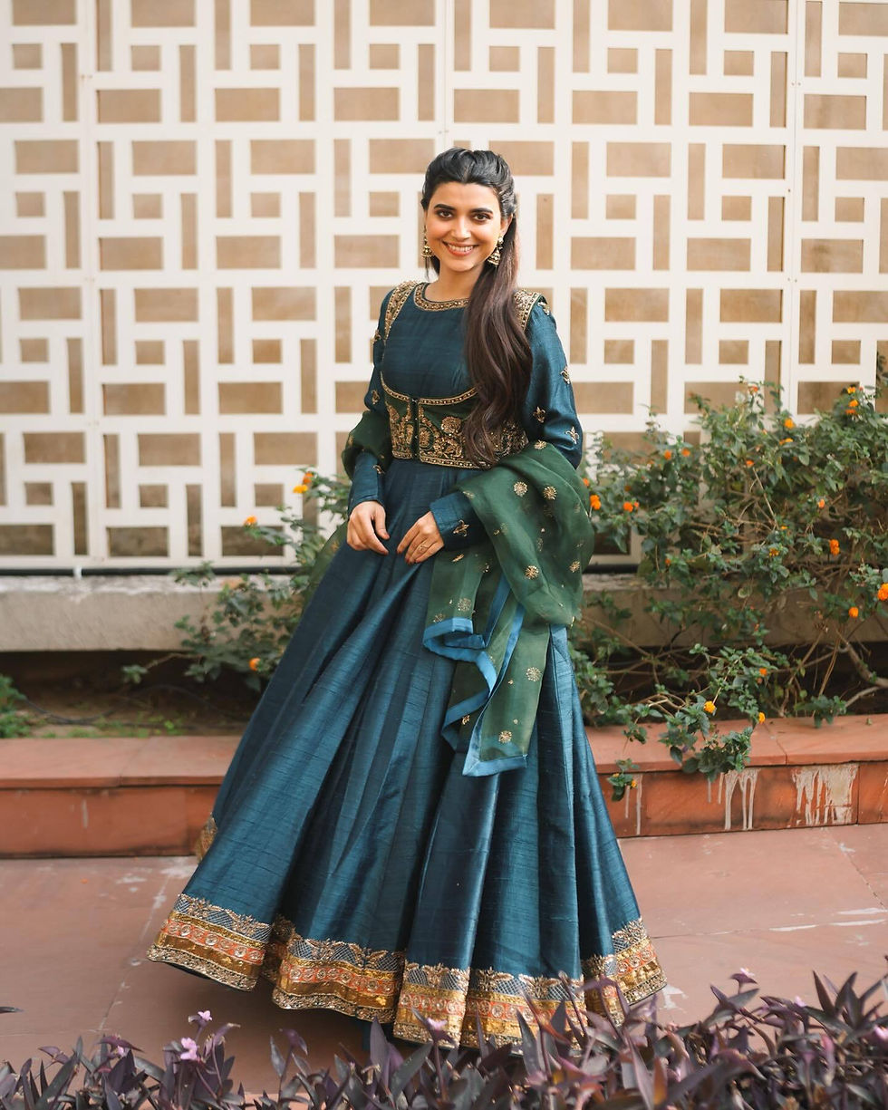 Thumbnail: Vichitra Silk Gown Koti Dupatta Set for Women with Sequins Zari Work Festive Par