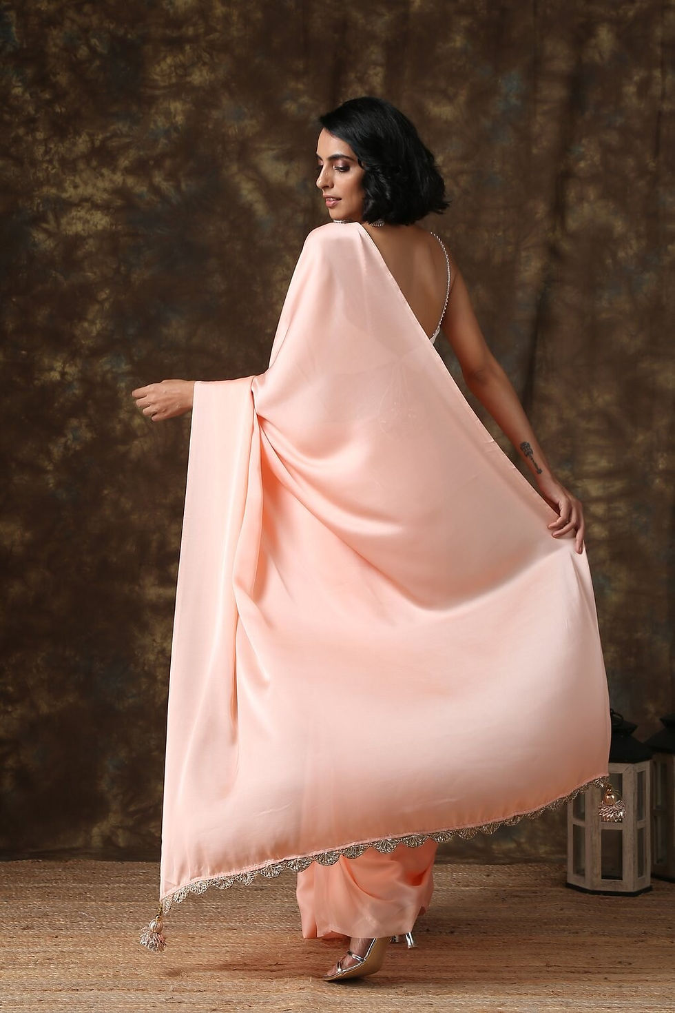 Thumbnail: Blush pink Satin Silk Plain Saree &amp; gold Sequence embroidery unstitch Blouse