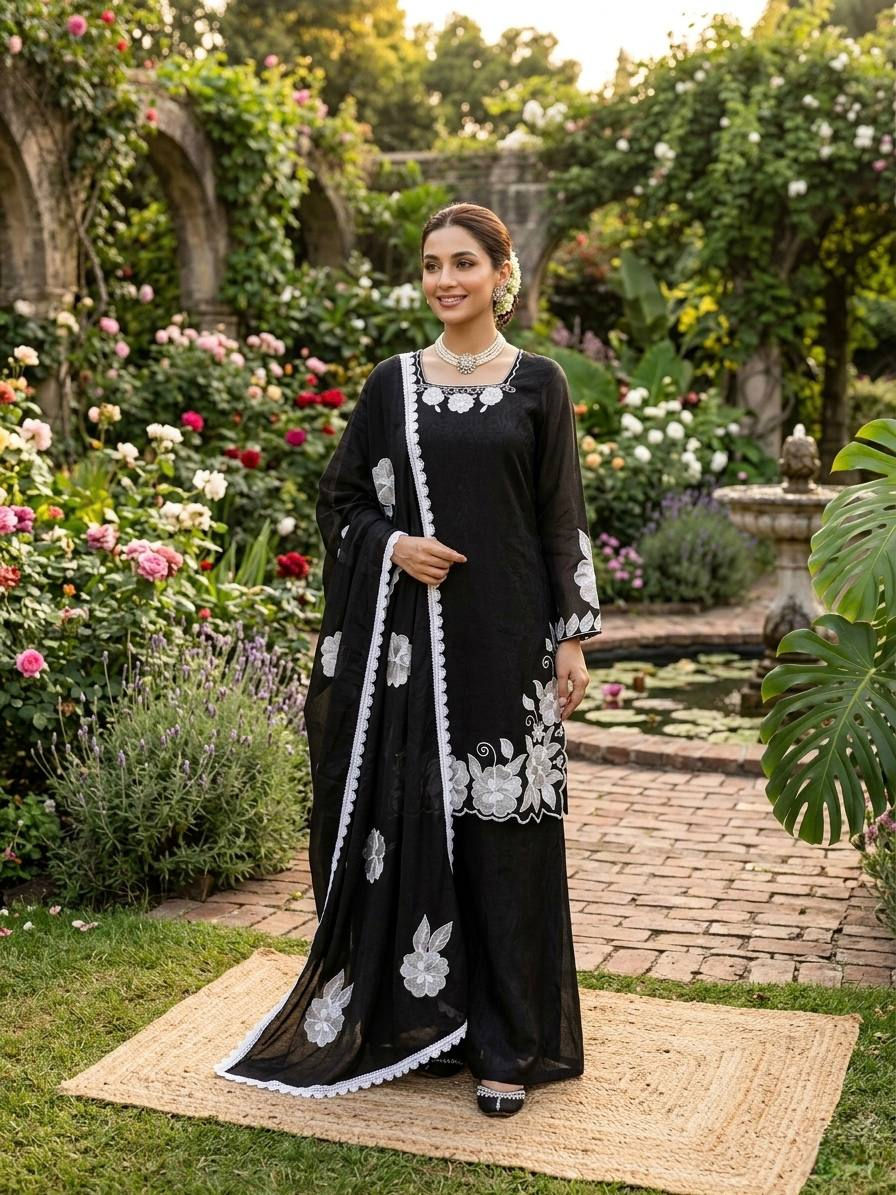 Thumbnail: Viscose Embroidered Kurta Pant Set with Batwa Bell Sleeves Zari Sequin W