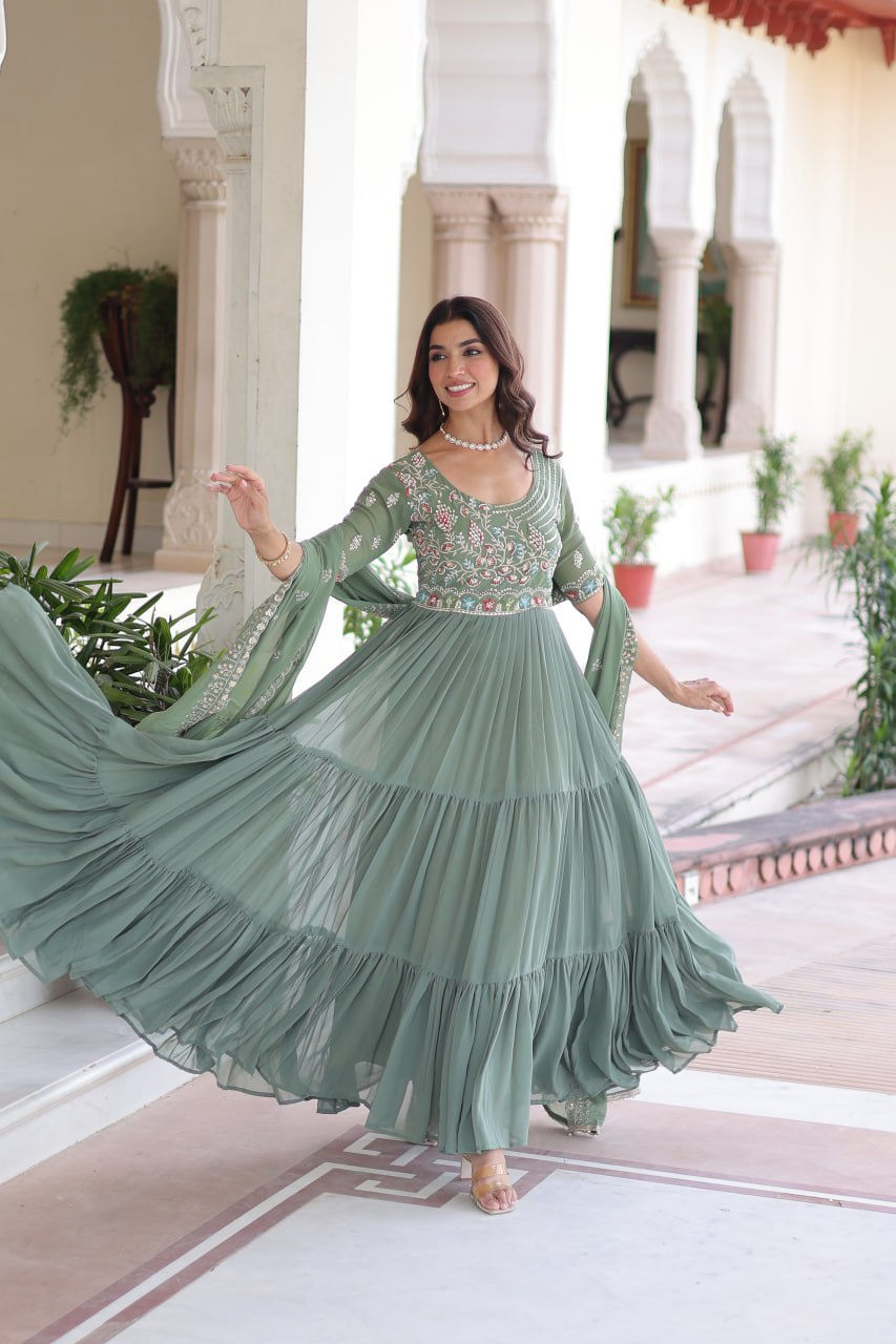 Thumbnail: Luxury Faux Blooming Sequins Embroidered Gown with Dupatta for Women