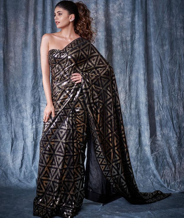 Black Color Bollywood Celebrity Inspired Sequins Work Saree, Wedding Wear Saree