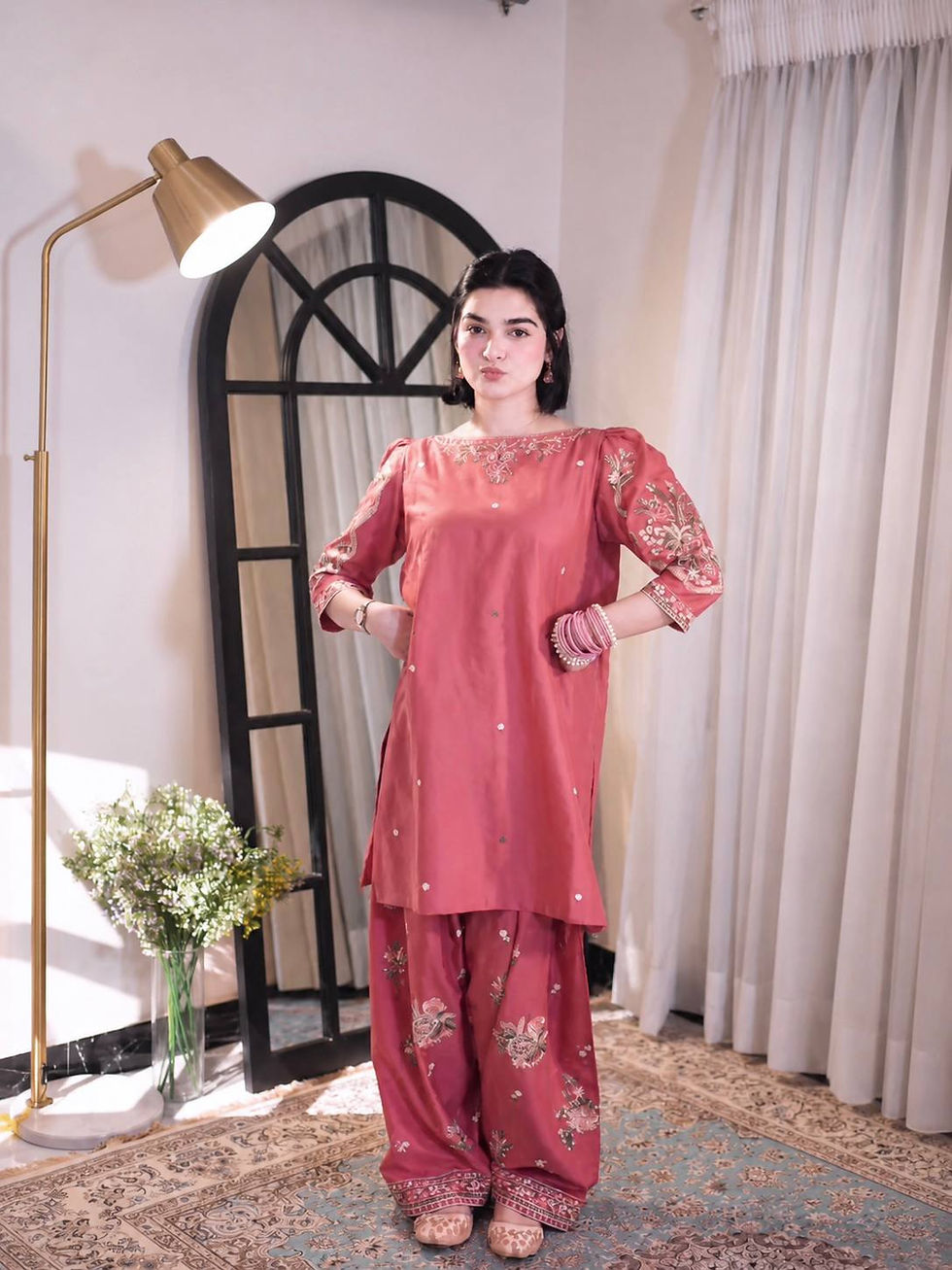 Thumbnail: Roman Silk Kurti Farshi Palazzo Set Heavy Thread Embroidery Festive Wear Women