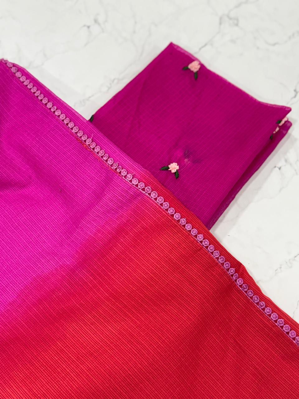 Thumbnail: Women Premium Kota Doriya Viscose Saree with Two Tone Dyeing and GPO Lace Border