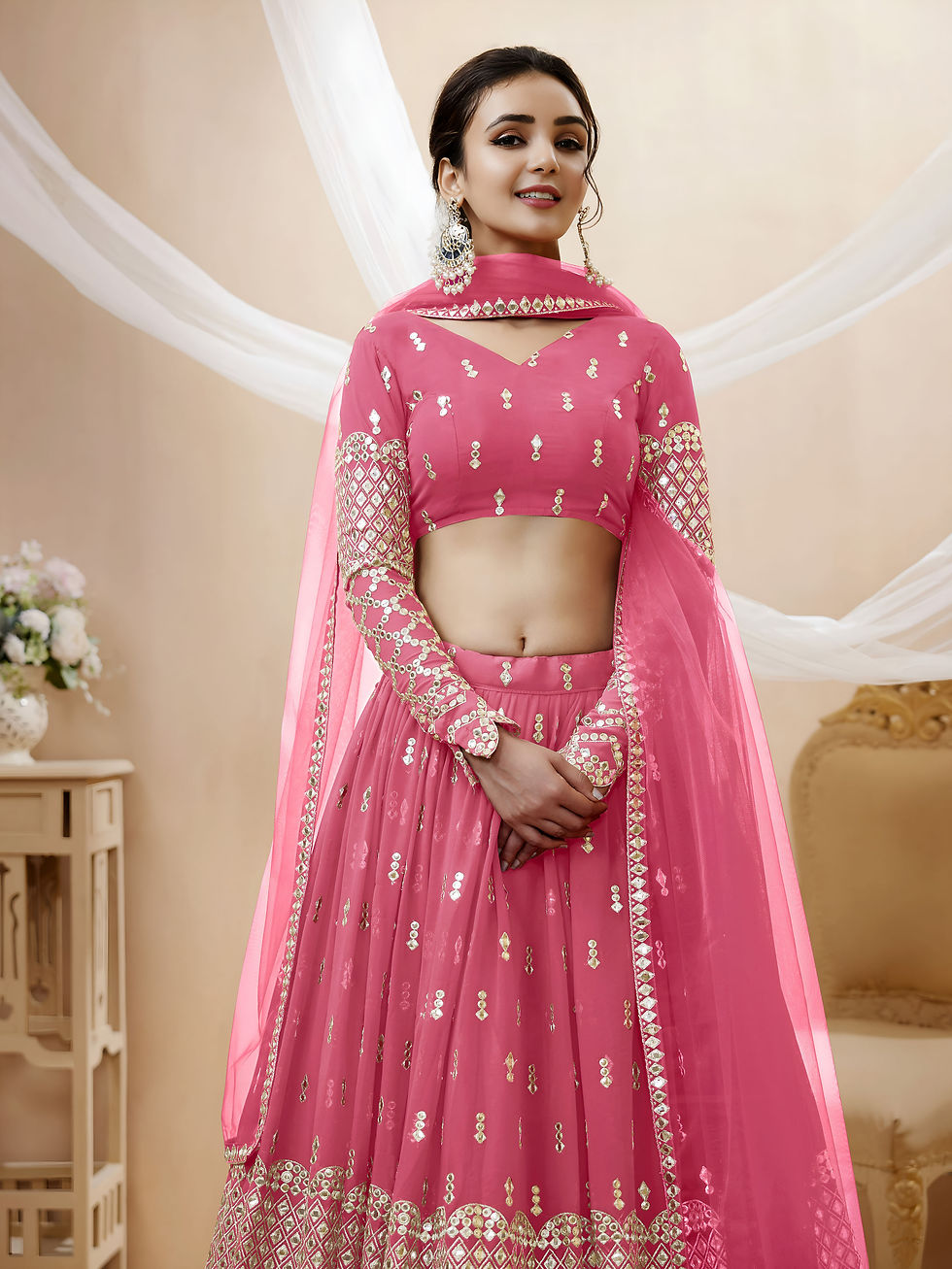 Thumbnail: Georgette Lehenga Choli Set with Sequins Zari Embroidery and Soft Net Dupatta
