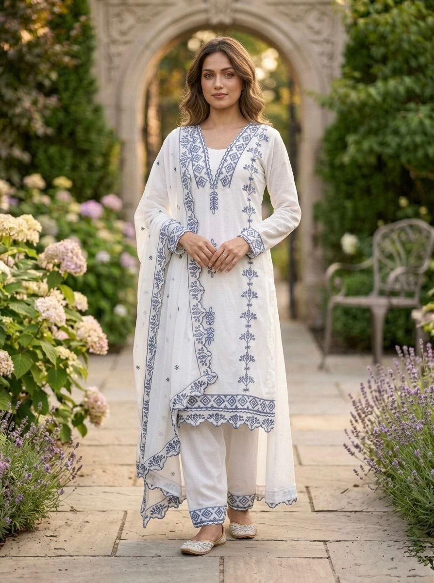 Thumbnail: Faux Georgette Kurti Pant Set Embroidered Cotton Thread Work Dupatta Women