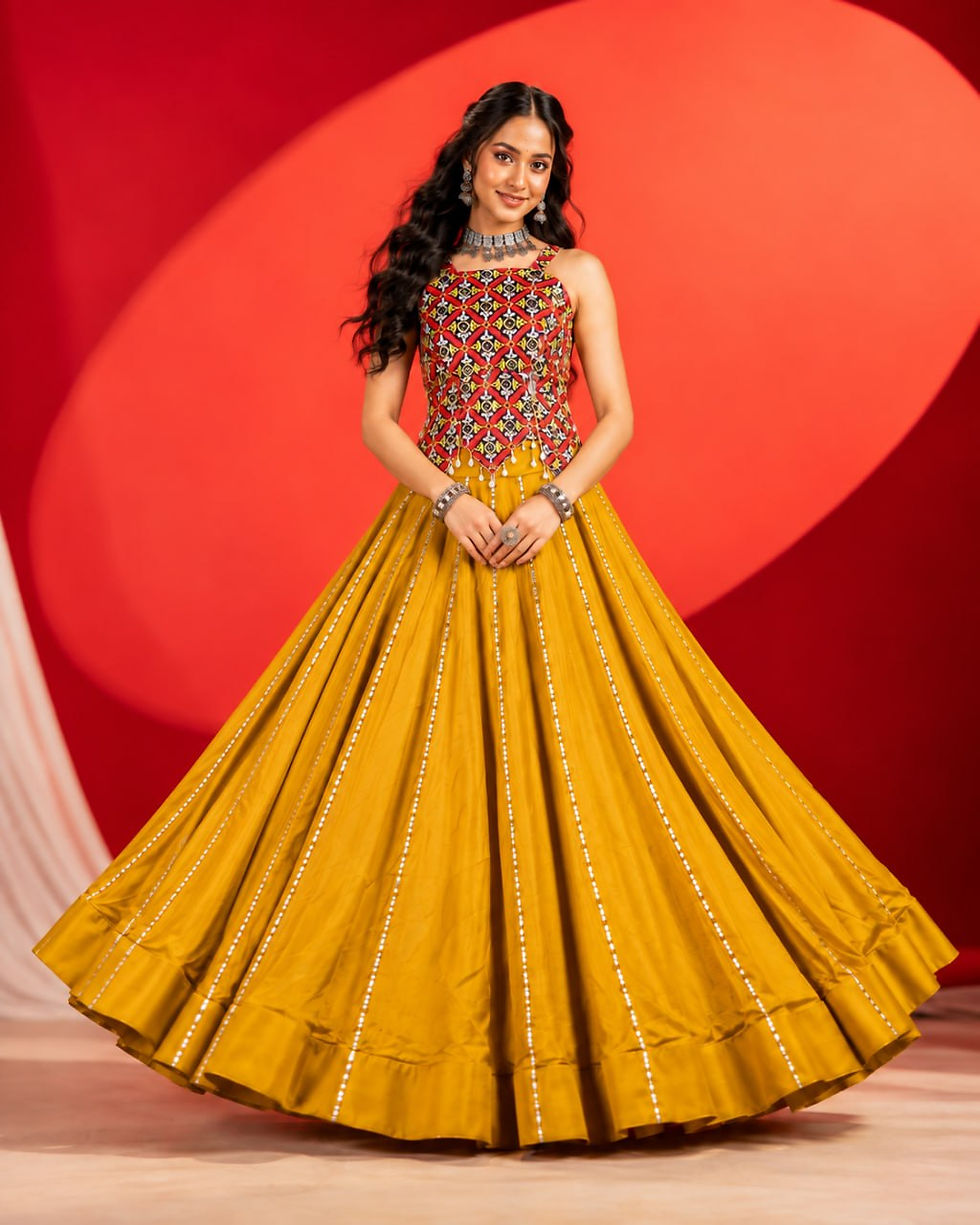 Thumbnail: Designer Pure Rayon Cotton Lehenga Choli with Gamthi & Gota Patti Work