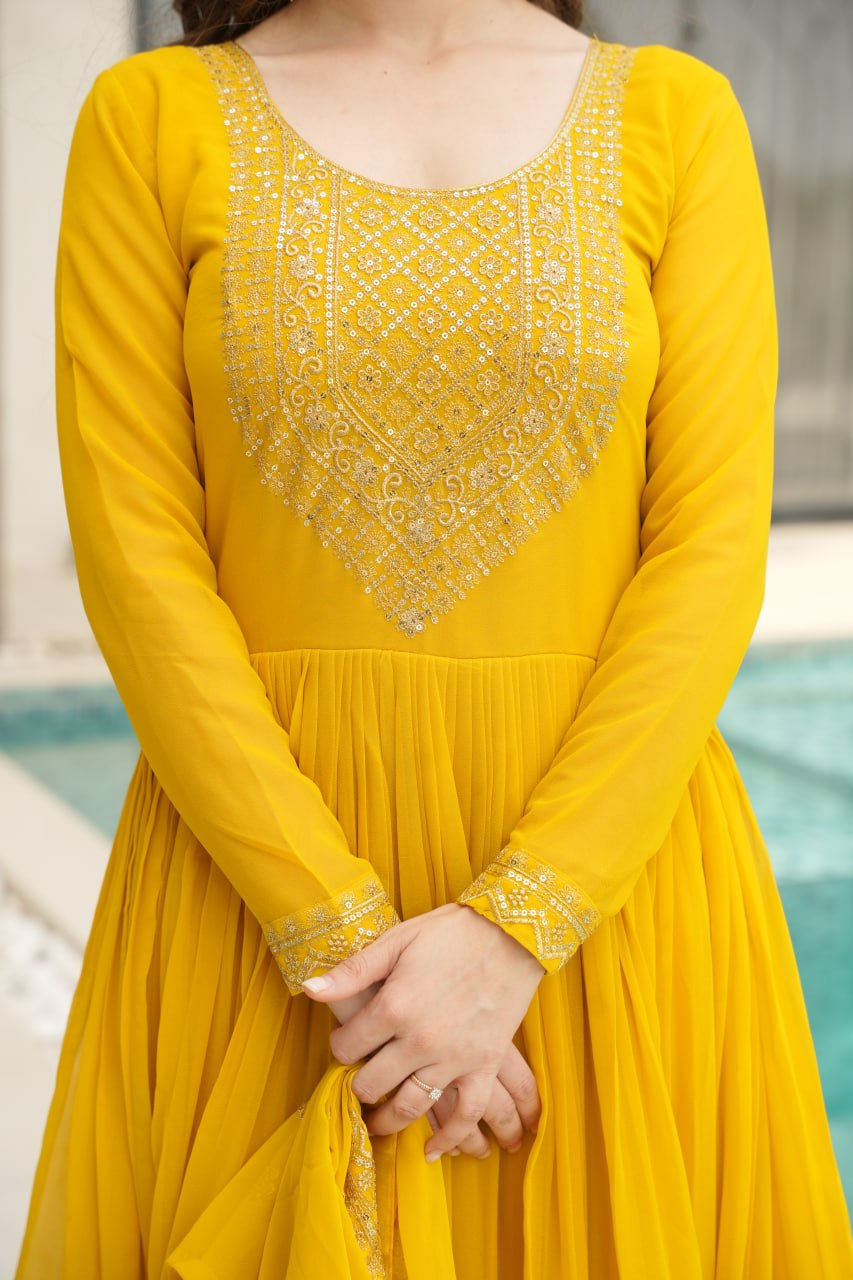 Thumbnail: Faux Blooming Gown for Women with Zari & Sequins Embroidery – Ethnic Party Wear