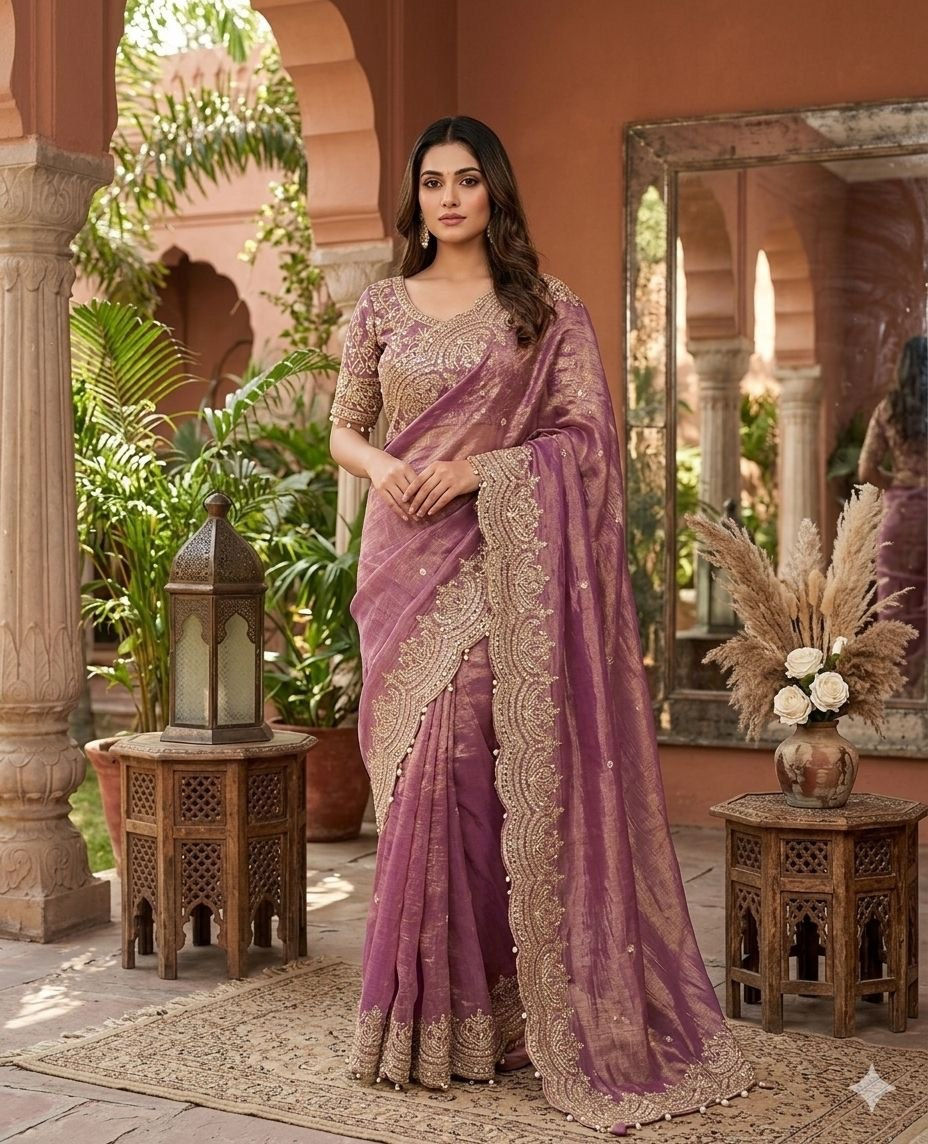 Women Fendy Chiffon Two Tone Saree with Sequins Embroidery and Stitched Blouse