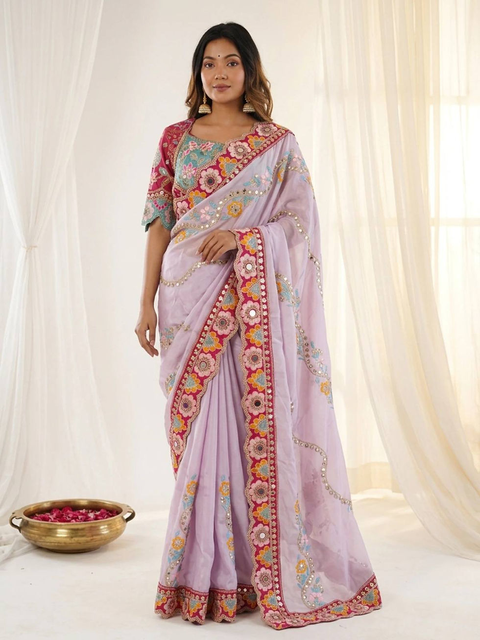 Thumbnail: Women Cherry Red Rangoli Silk Saree with Mirror Work, Multicolor Embroidery and