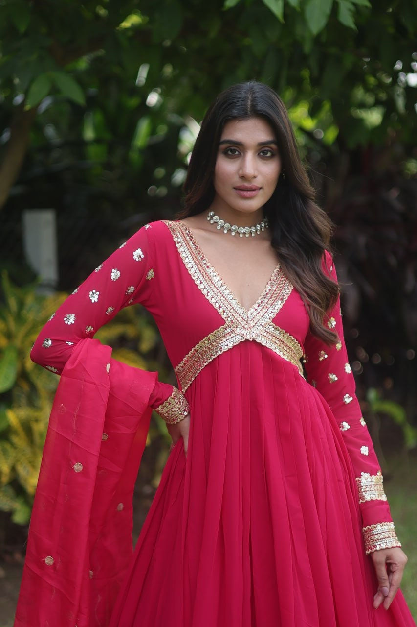 Thumbnail: Alia Cut Gown-Designer Gown-Nayra cut style kurti_with Fox Georgette Fabric &amp