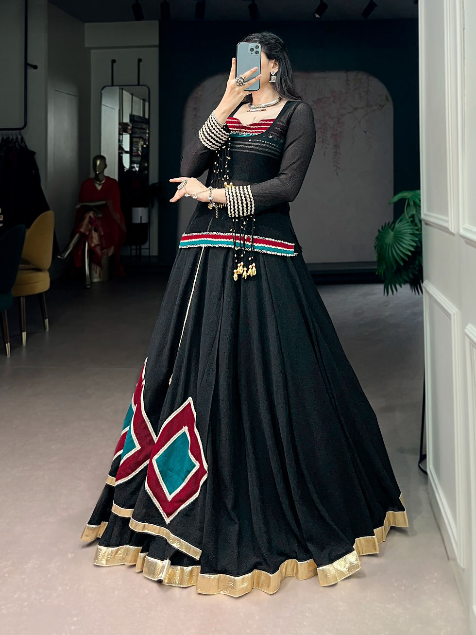 Thumbnail: Designer Marble Print Lehenga Choli with Sheer Popover Tunic | 7 Meter Flared Fe