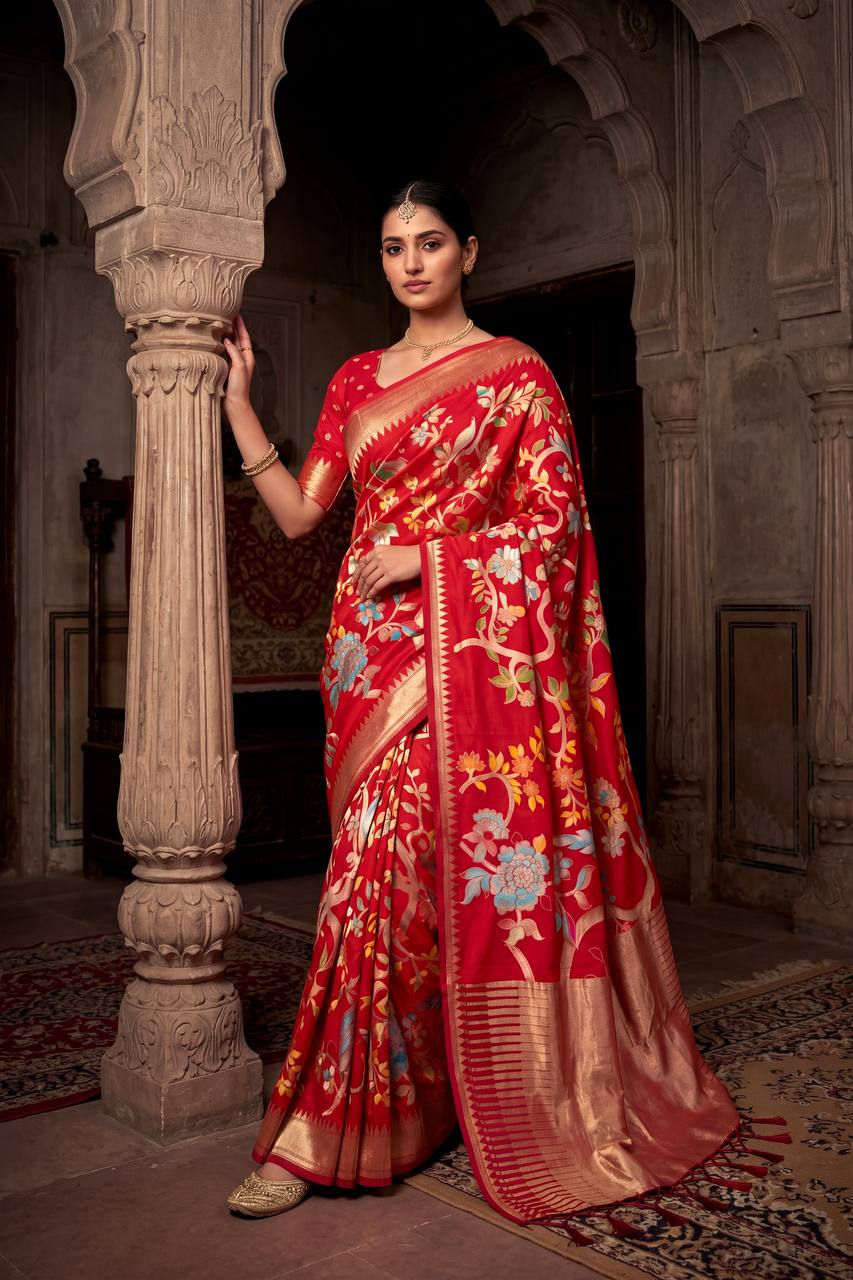 Khadi Crepe Silk Saree with Bird Motifs Wedding Wear Saree for Women