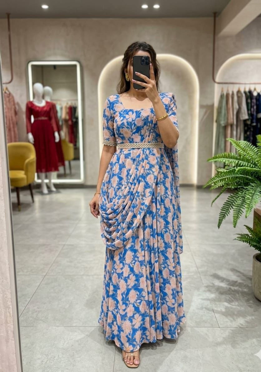 Thumbnail: Alfino Chiffon Gown Mirror Work Belt 7 Meter Flair Party Wear Women Dress Outfit