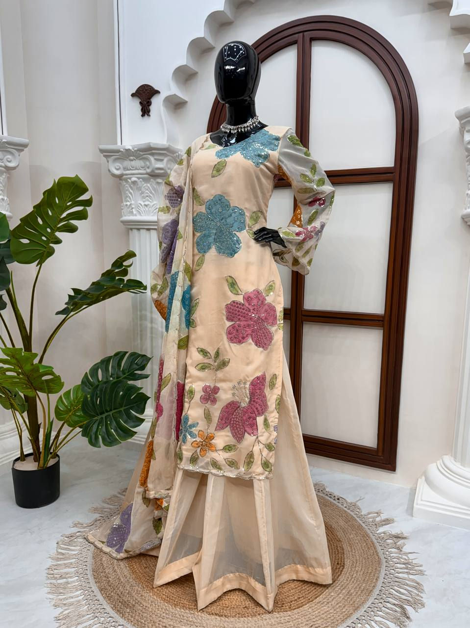 Thumbnail: Tibby Organza Silk Suit Set Brush Print Sequins Work Palazzo Women Festive Outfi