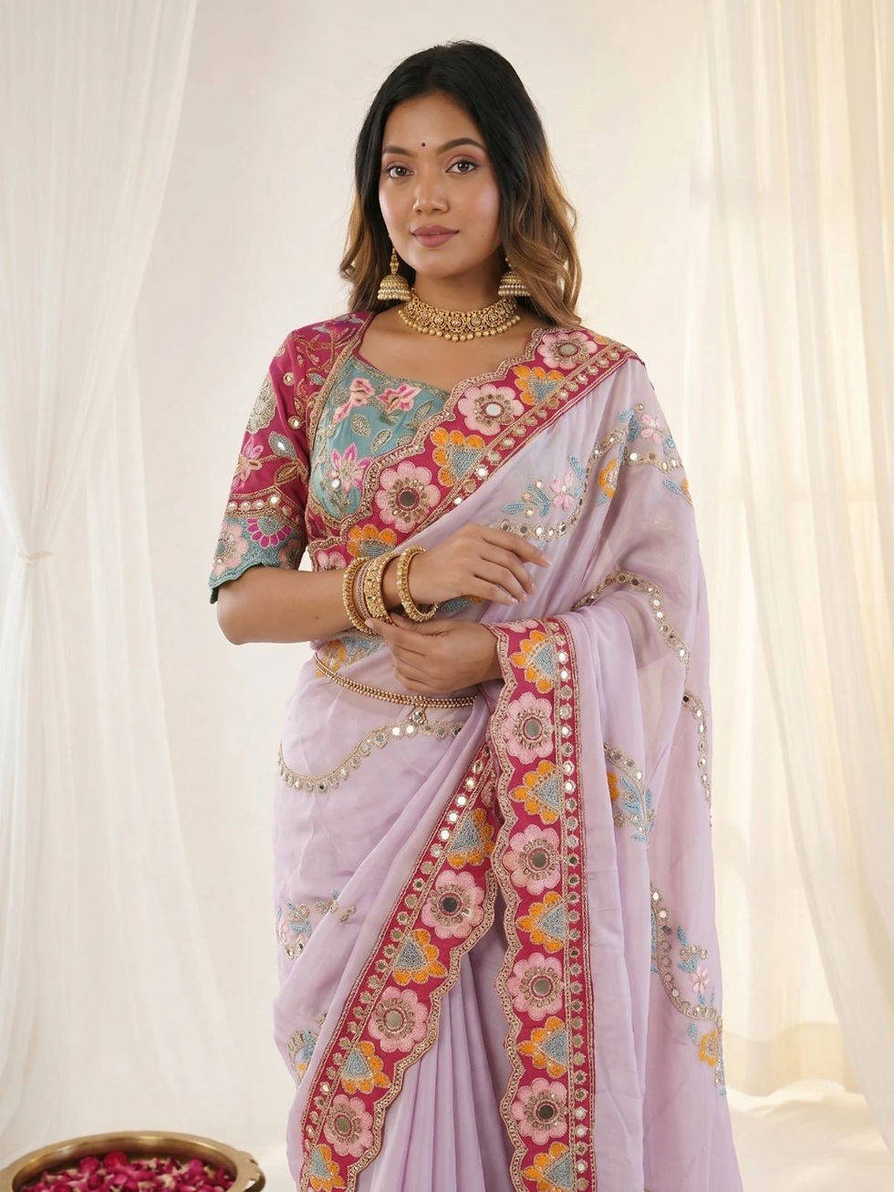 Thumbnail: Women Cherry Red Rangoli Silk Saree with Mirror Work, Multicolor Embroidery and