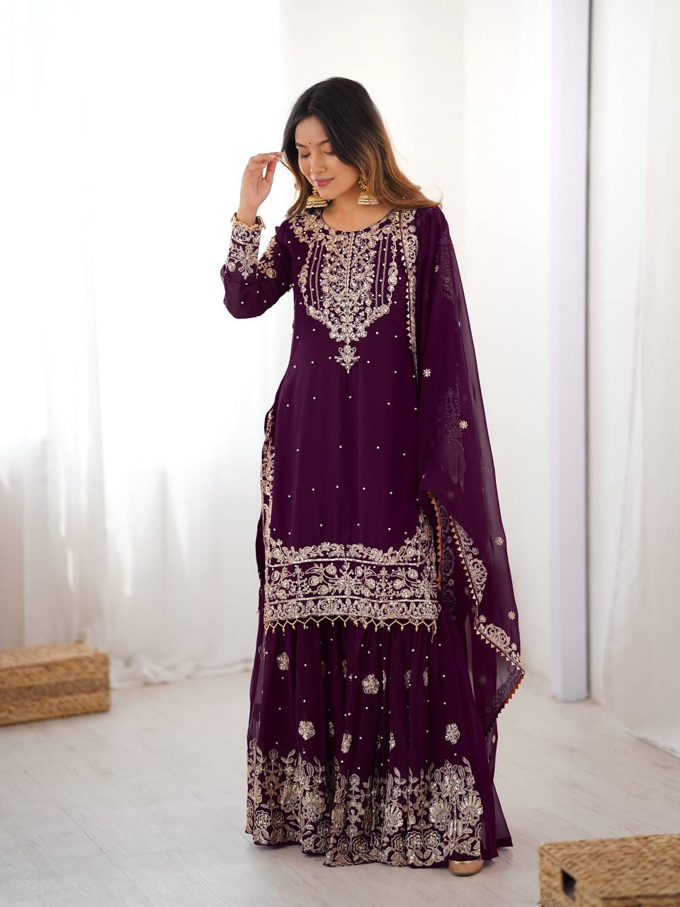 Thumbnail: Faux Georgette Sharara Suit Set with Pearl Embroidery Dupatta Festive Wear for W