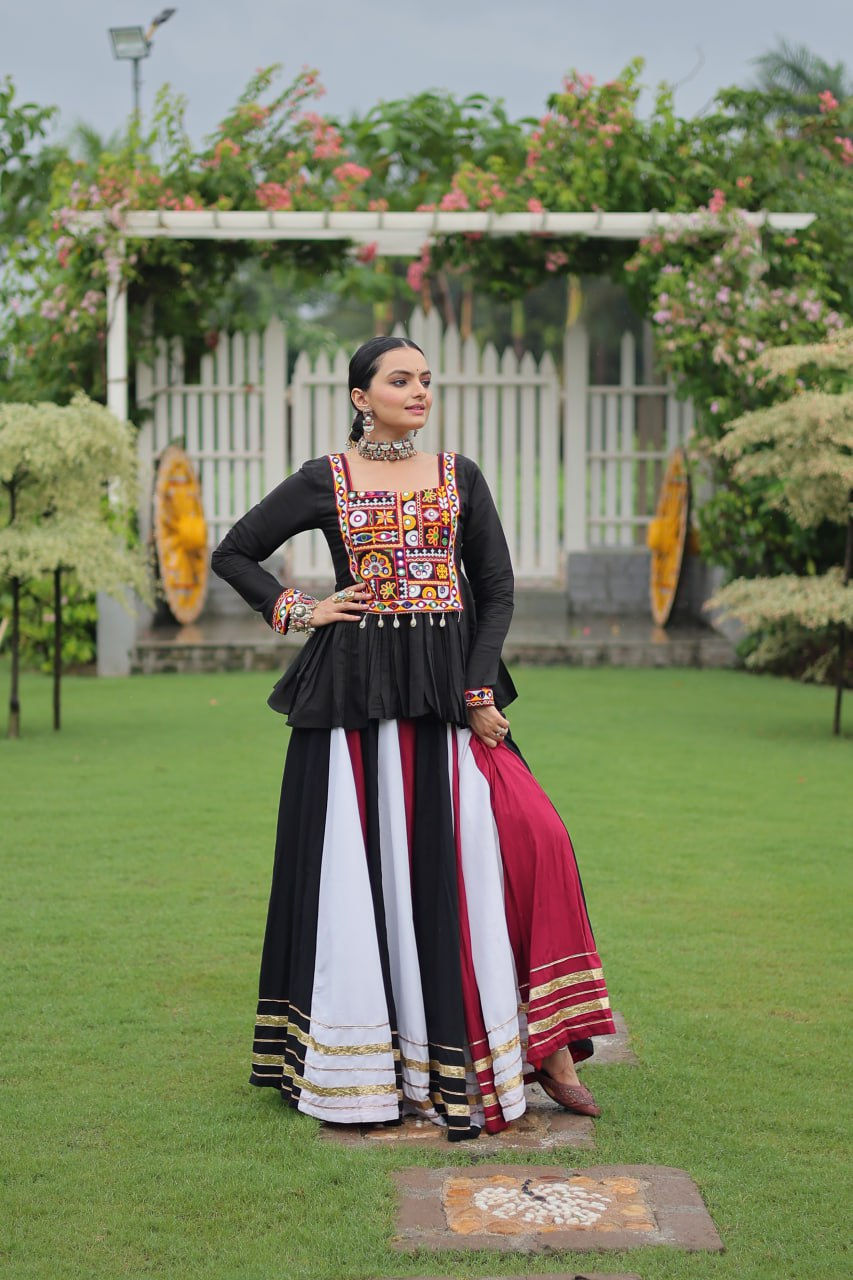 Thumbnail: Navratri Special Multi-Color Lehenga with Black Kutchi Work Top | 8 Meter Flair